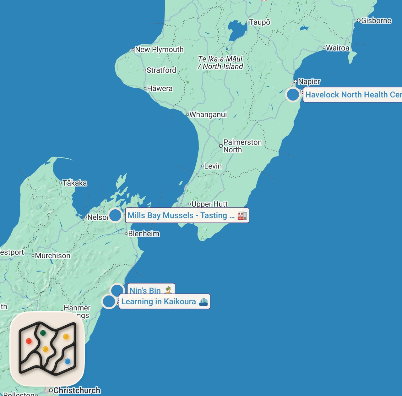 Map of 4 spots from New Zealand LOBSTER BOIL!! Crayfish + Foot-Long Fish and Chips in Kaikōura!!