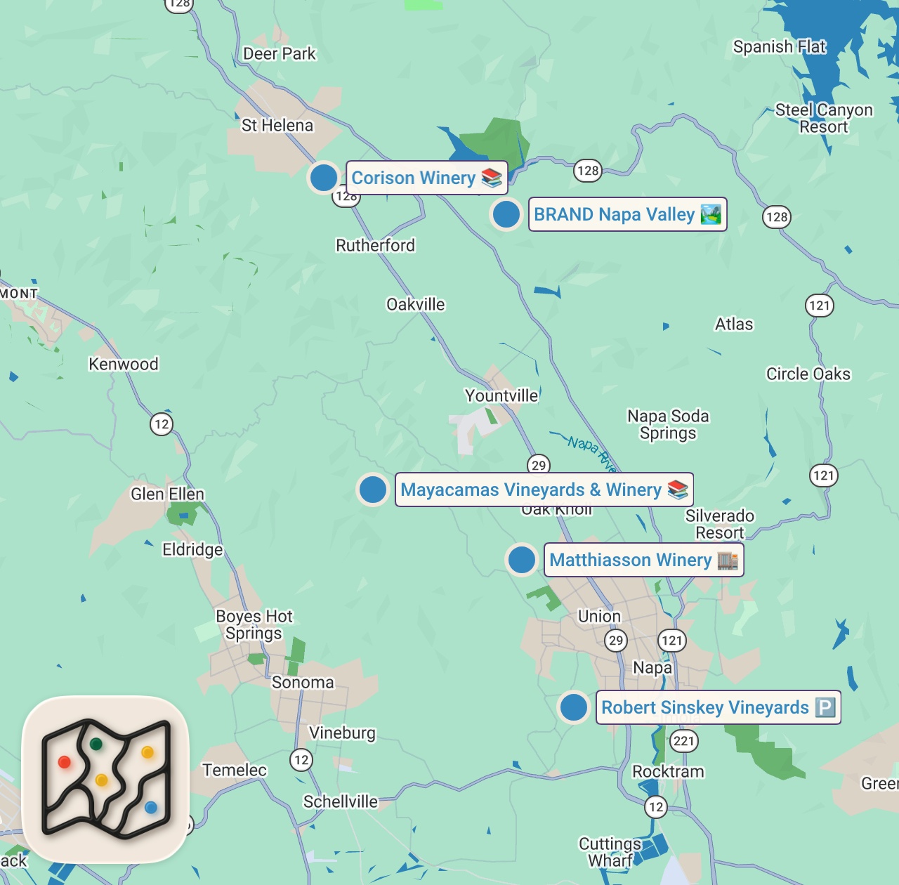 Map of 5 spots from A Som's DREAM WINE TASTING | Napa Valley