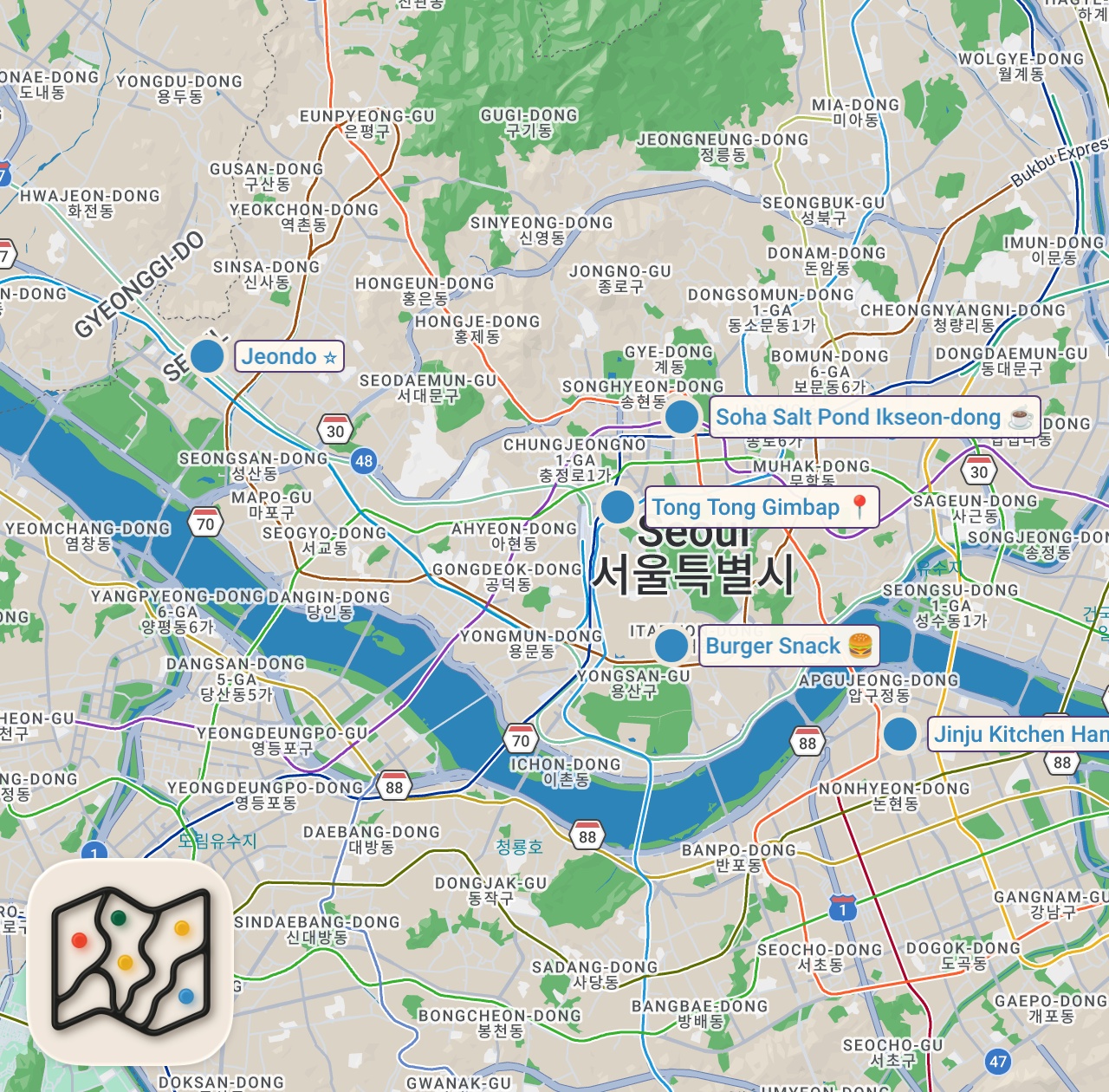 Map of 5 spots from 5 Must Eat Restaurants in Seoul Korea