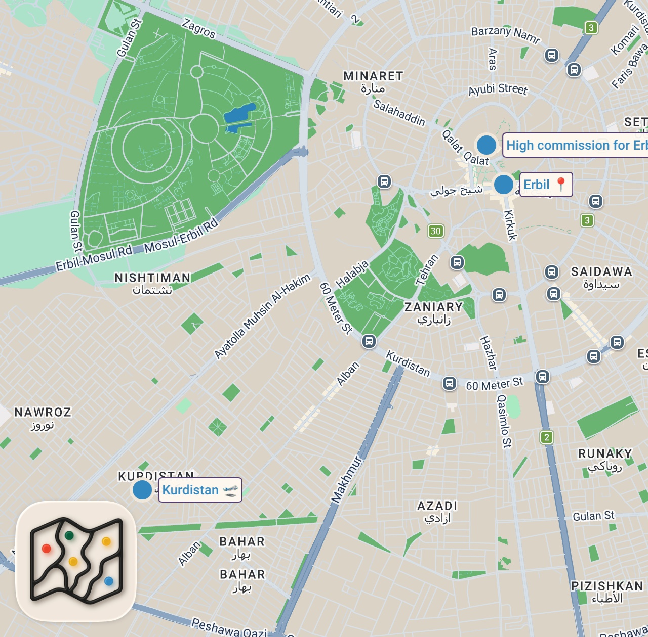 Map of 3 spots from The Side of Kurdistan The Media Won't Show You - Hospitality, Money Market, Food In Erbil  🇹🇯