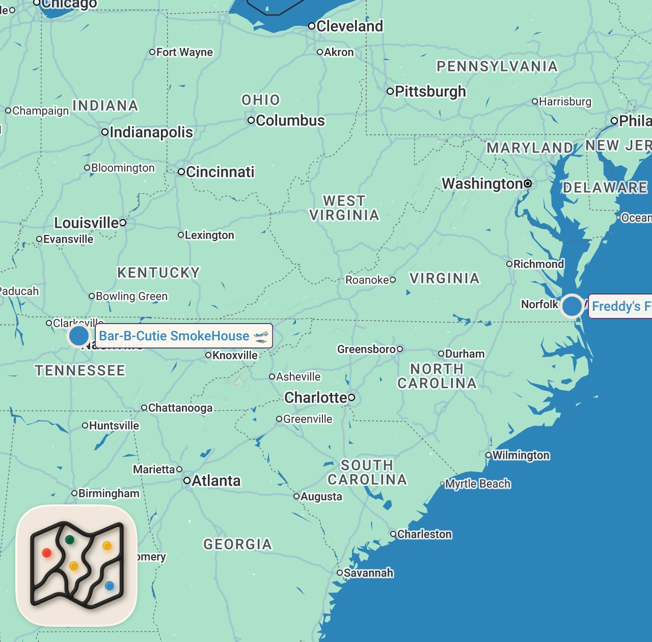 Map of 2 spots from Eating Southern Fast Food Restaurants For 24 Hours...(Part 5)