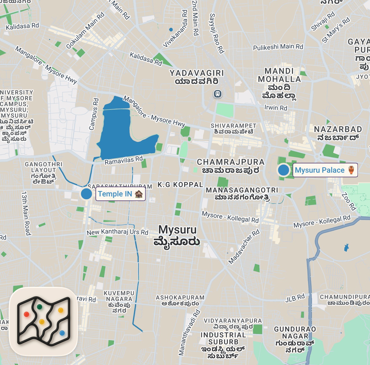 Map of 2 spots from Perfect Day in MYSURU ~ vlog | Chamundeshwari Temple, Mysore Palace, Mylari Dosa & more