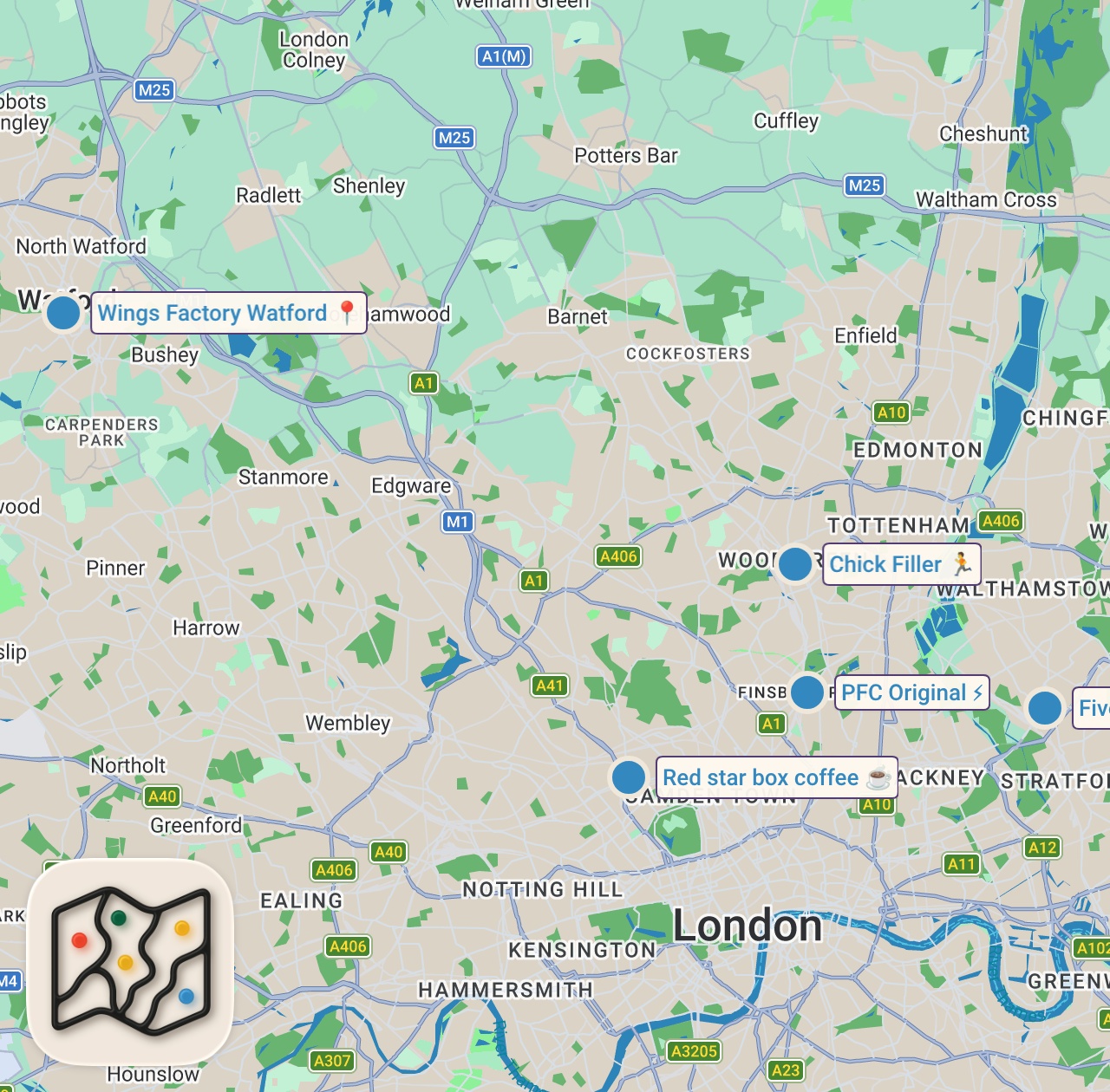 Map of 5 spots from I Tried Fake Fast-Food Restaurants