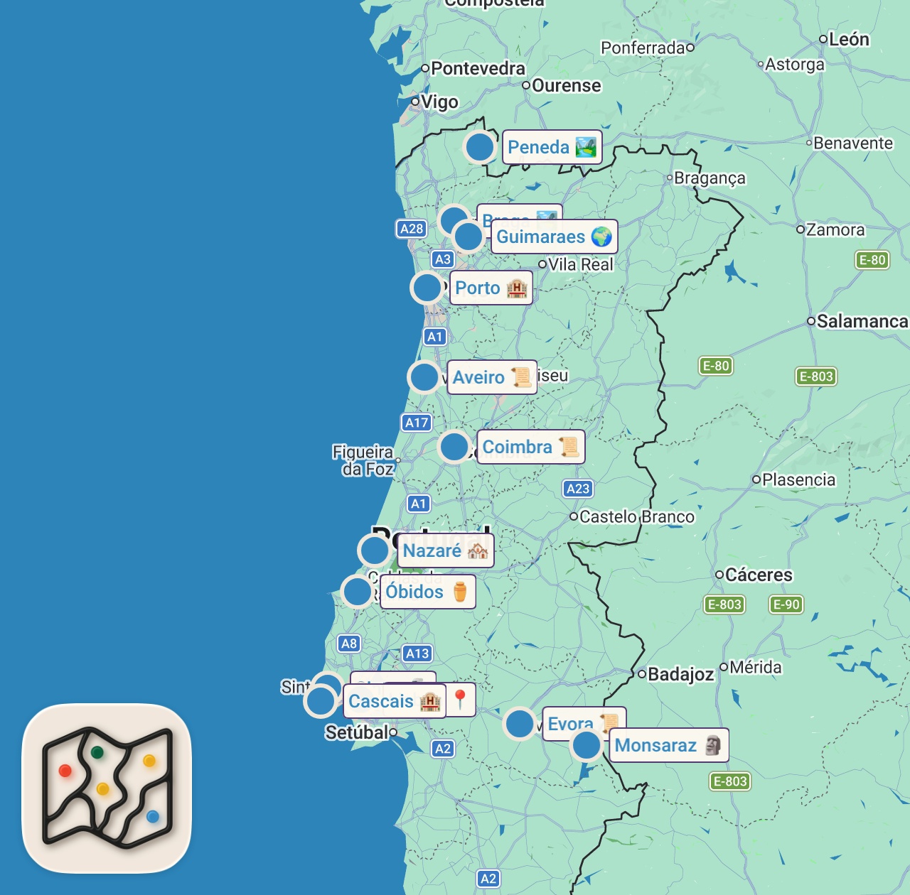 Map of 15 spots from Les 17 plus beaux endroits à visiter au Portugal 🇵🇹 | Océan, villes & paysages sauvages