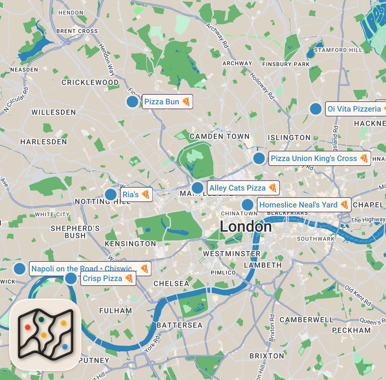 Map of 9 spots from Finding the Best Pizza in London
