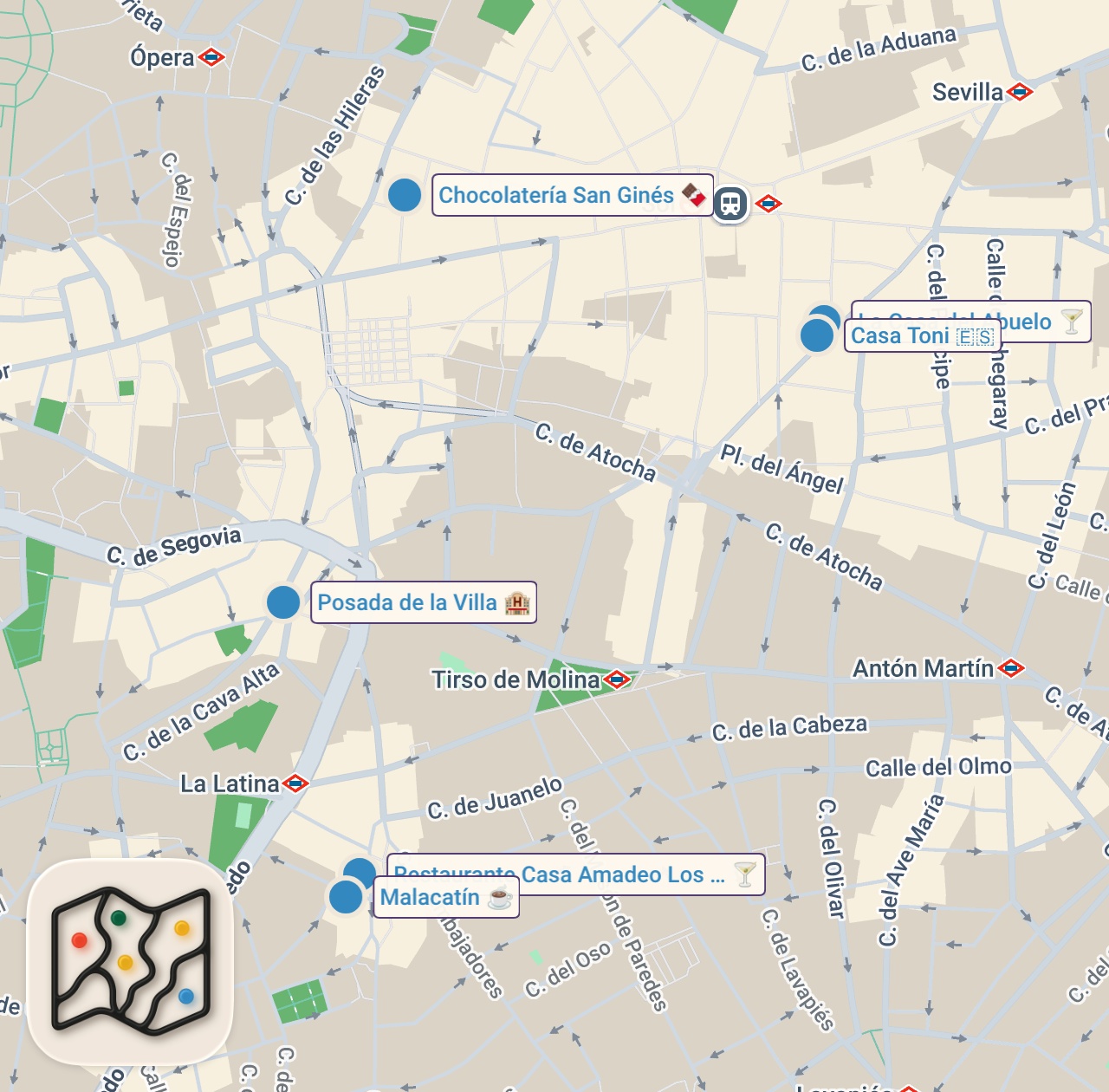 Map of 6 spots from Spanish Food Tour - ULTIMATE FOOD TOUR in Madrid!! Best Restaurants + Tapas in Spain!!