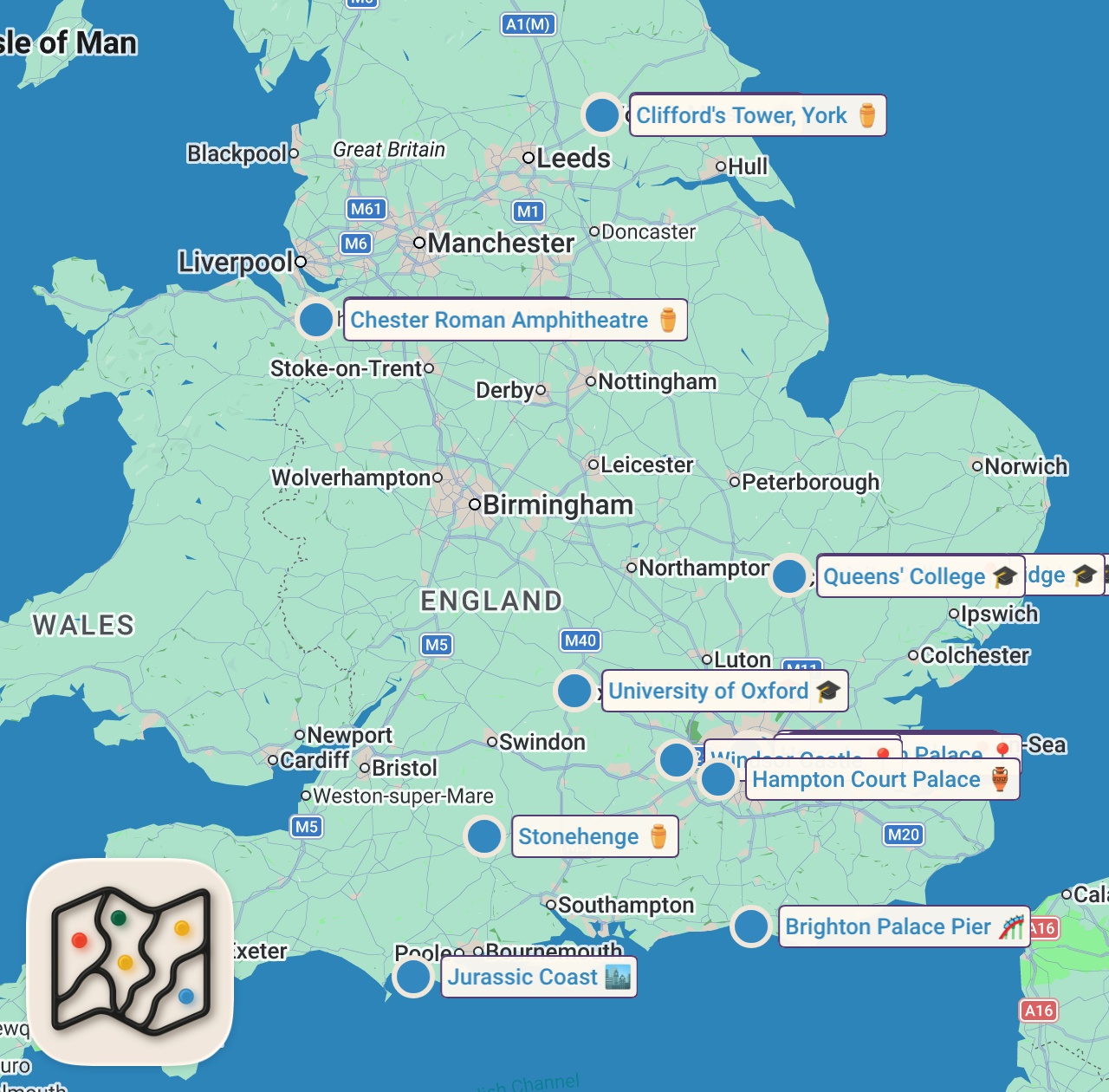 Map of 21 spots from 10 Best Places to Visit in England - Travel Video