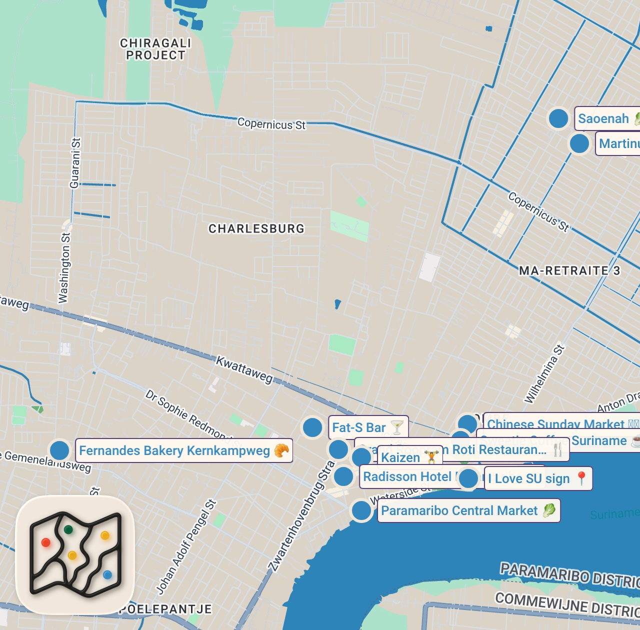 Map of 12 spots from Suriname Food Tour Secrets!! Locals Won’t Show You These Hidden Gems!!
