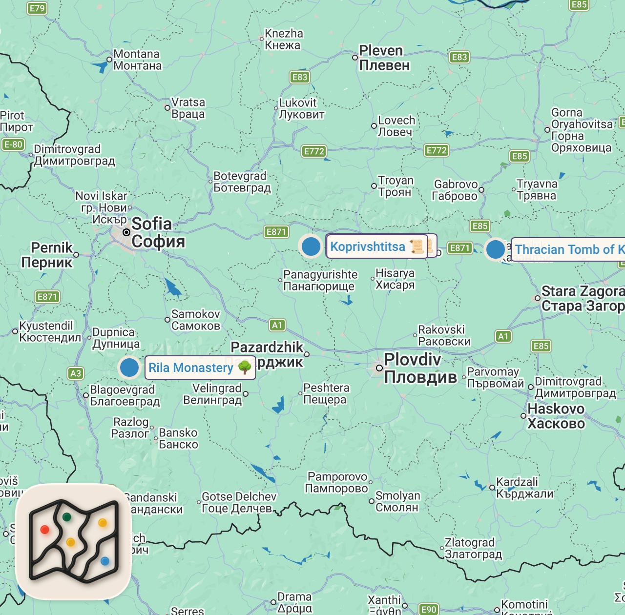 Map of 4 spots from Deep Inside Bulgarian Town Which Was Burned Down Three Times - Koprivshtitsa, Bulgaria 🇧🇬