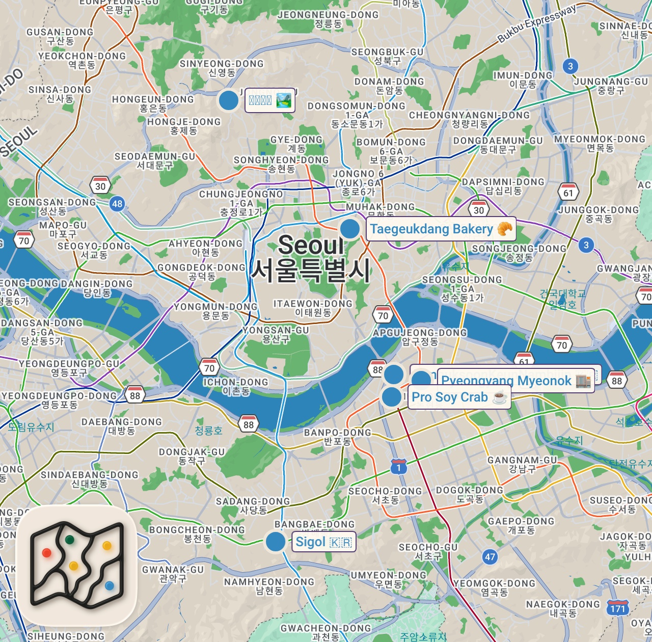 Map of 6 spots from Best Korean Food!! HUGE BONE HOTPOT + 5 Must Eat Foods in Seoul!
