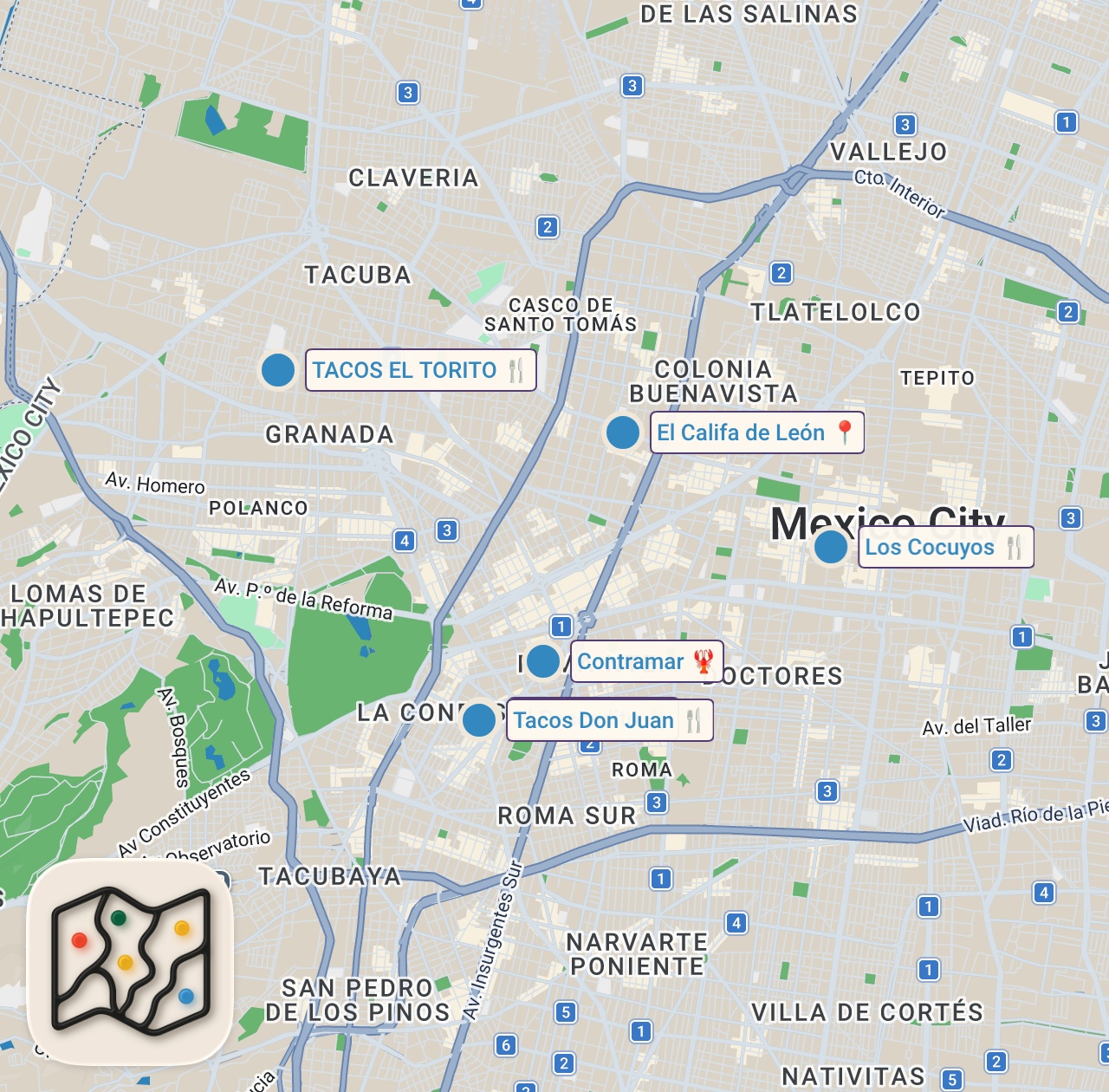 Map of 6 spots from 48 Hours Eating Mexico City's Most INSANE Food