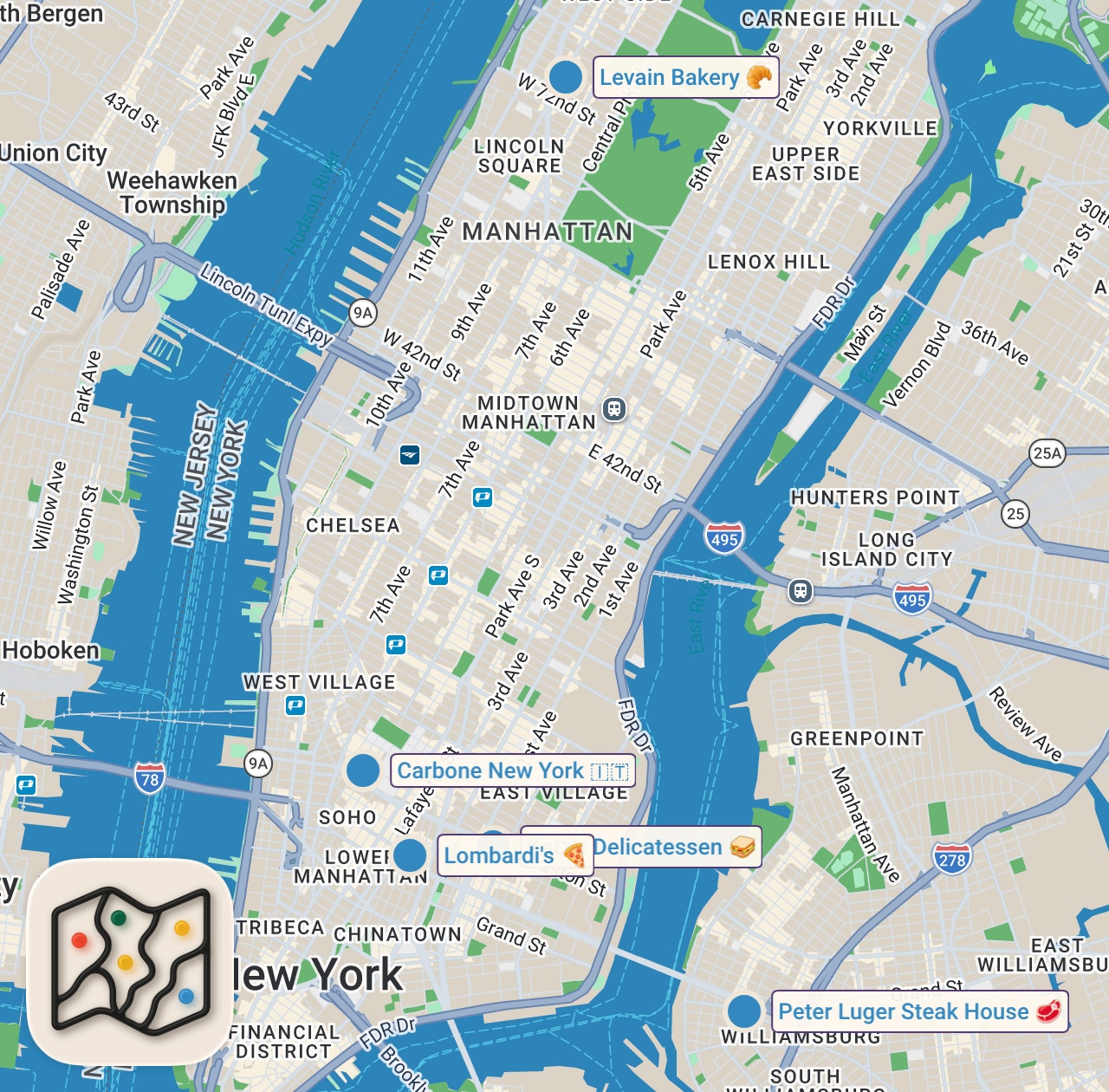 Map of 5 spots from Only eating from the MOST FAMOUS RESTAURANTS in New York City for a day! #shorts