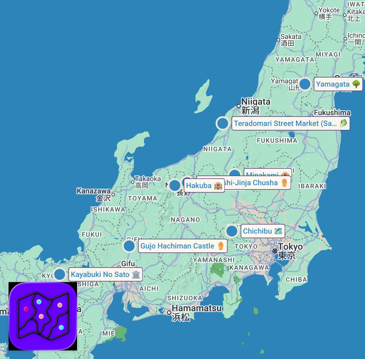 Map of 8 spots from 10 Hidden Gems to Visit in Japan