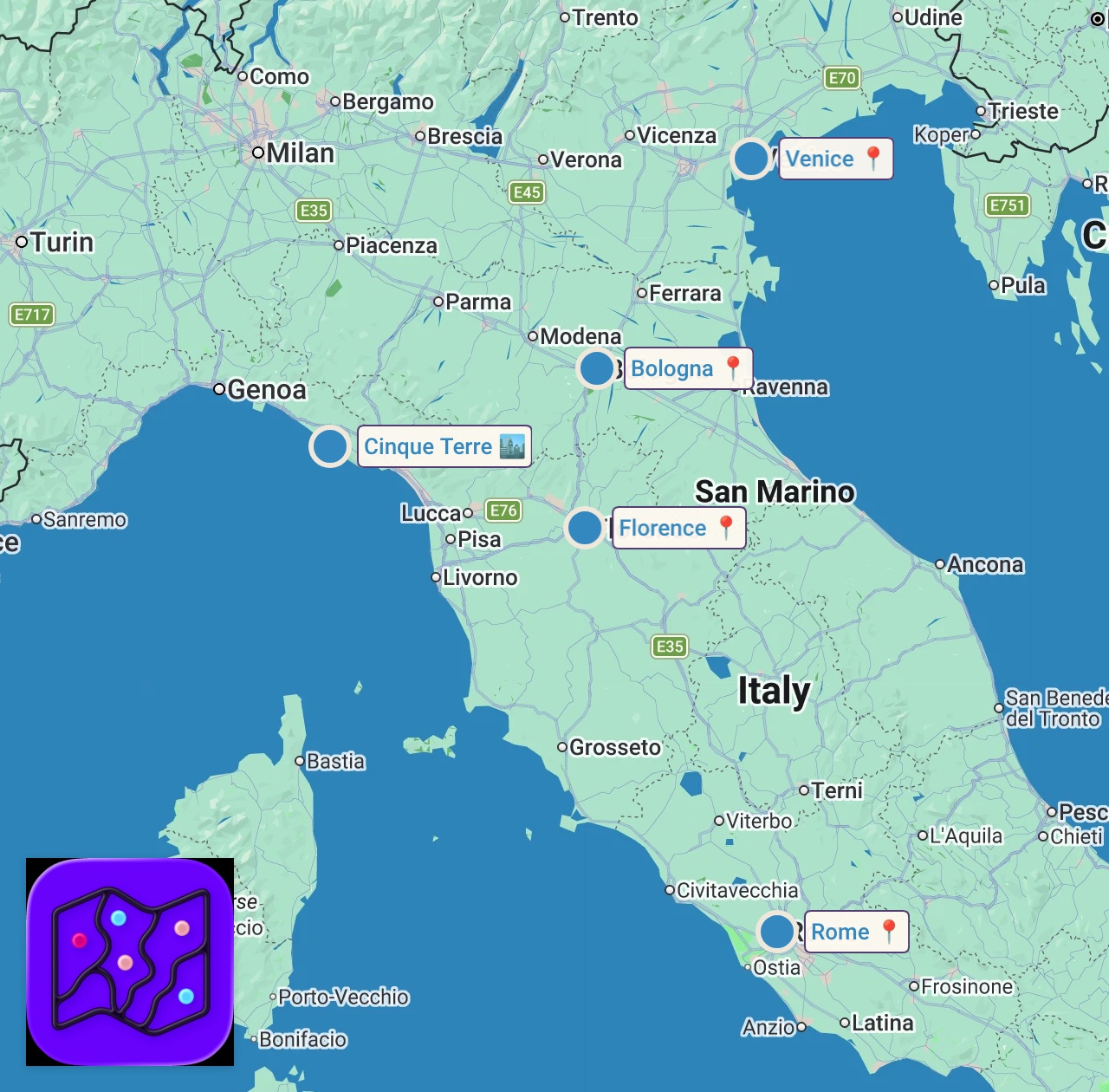 Map of 5 spots from BEST TIPS TO TRAVEL ITALY 🇮🇹 ON A BUDGET (THAT NO ONE TELLS YOU ABOUT 🤯)