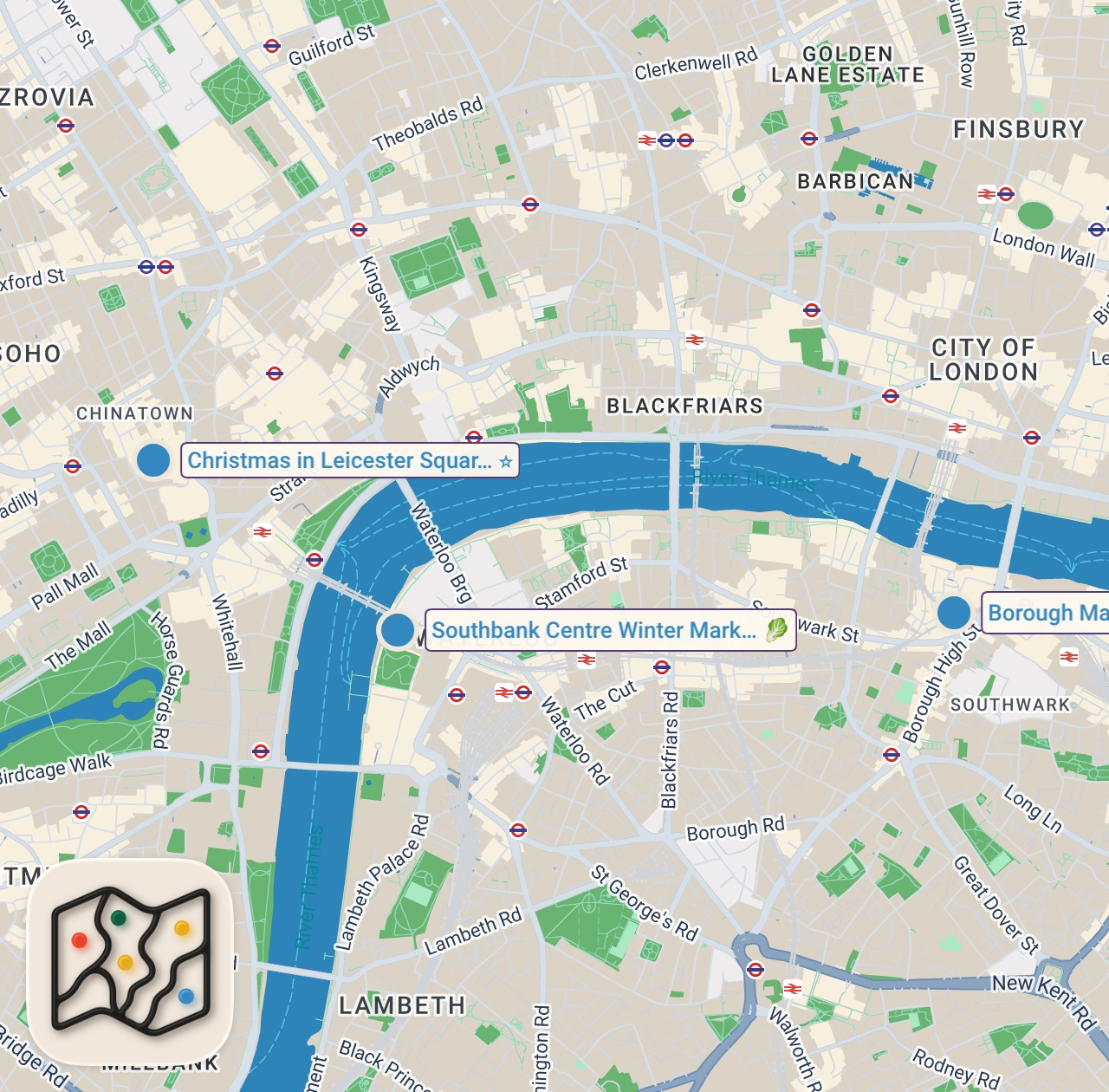 Map of 3 spots from Finding the Best Christmas Market Food in London