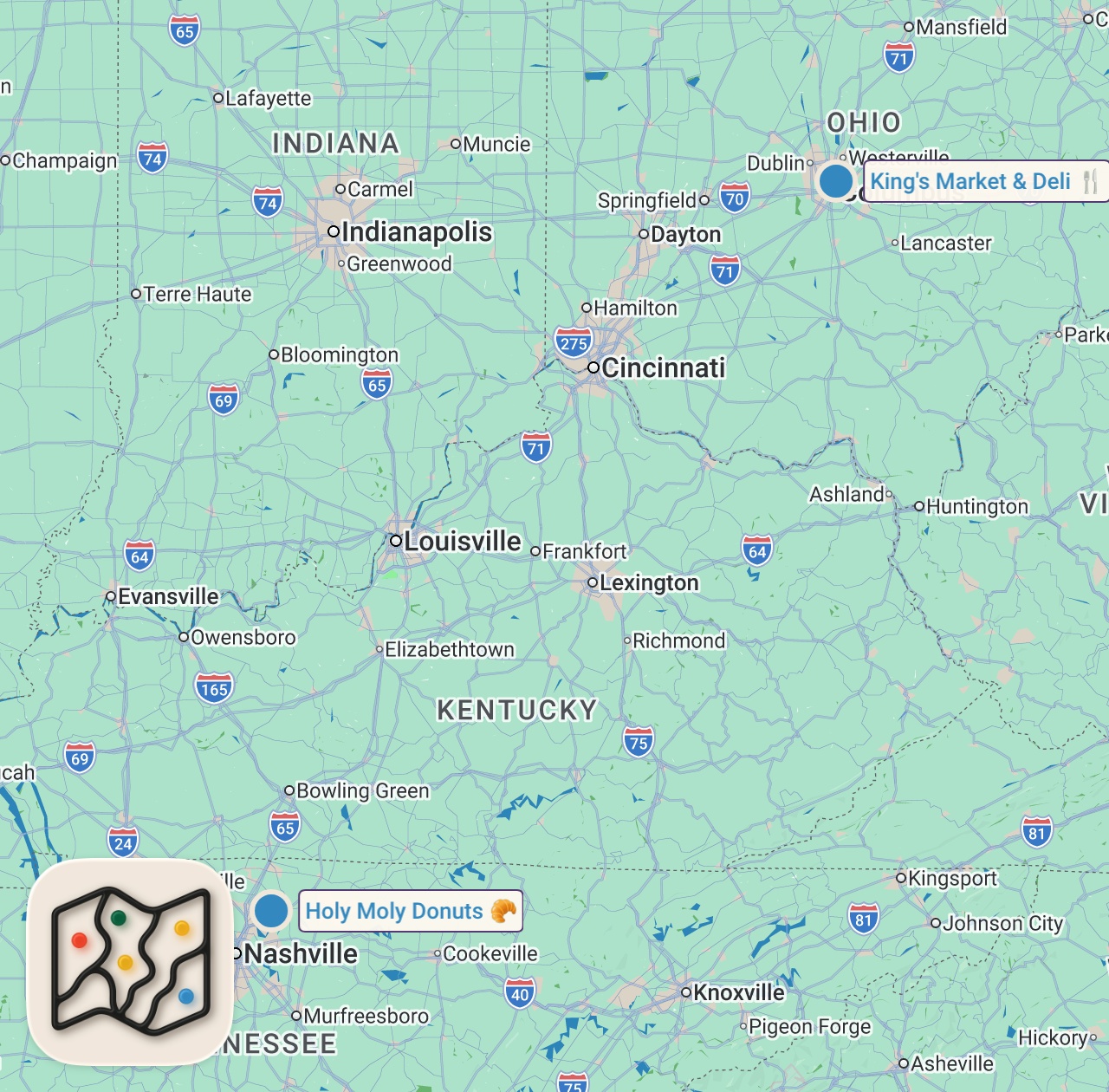 Map of 2 spots from Soul Food + Caribbean 👀 Jerk Chicken and Garlic Honey BBQ Wings
