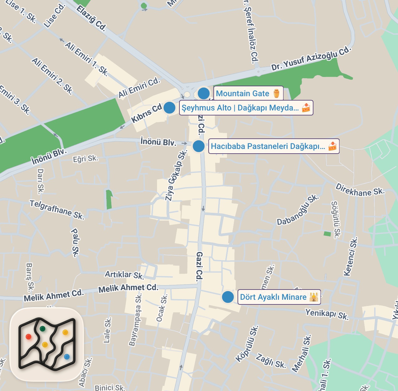 Map of 4 spots from Diyarbakır’da Denemeniz Gereken 4 Farklı Burma Kadayıf! #reklam #shortsfeed #youtube #viral