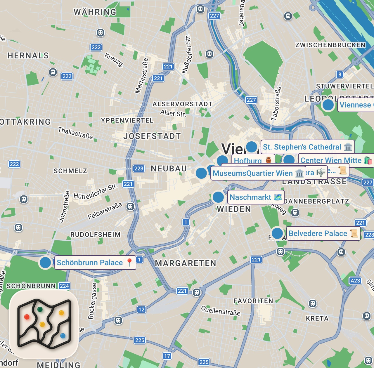 Map preview for 10 Vienna Must See Sights - by Viennese Local Guide Grete - Vienna travel guide