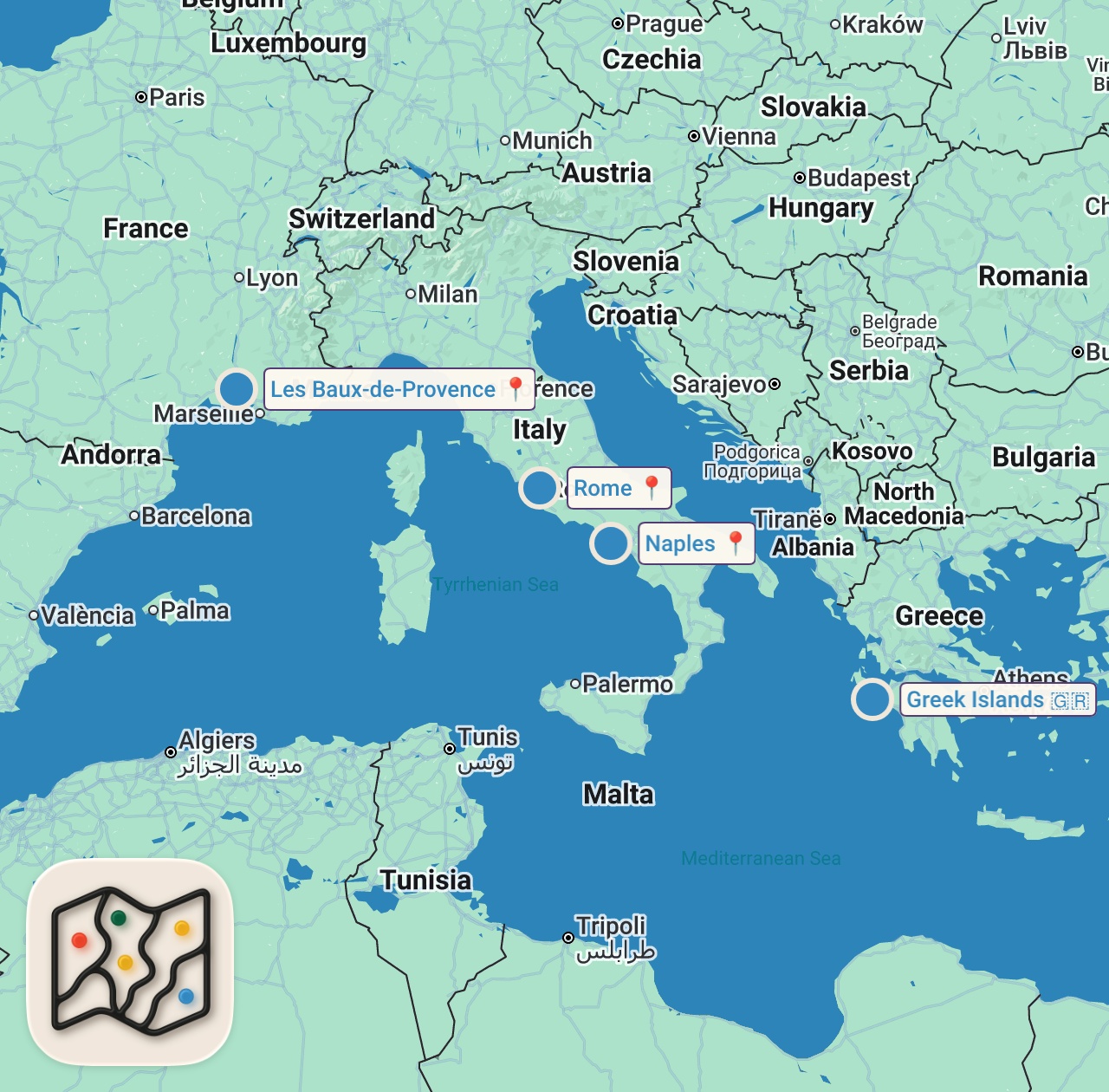 Map of 5 spots from Exploring the World's Most Romantic Cities | Anthony Bourdain: No Reservations | Travel Channel