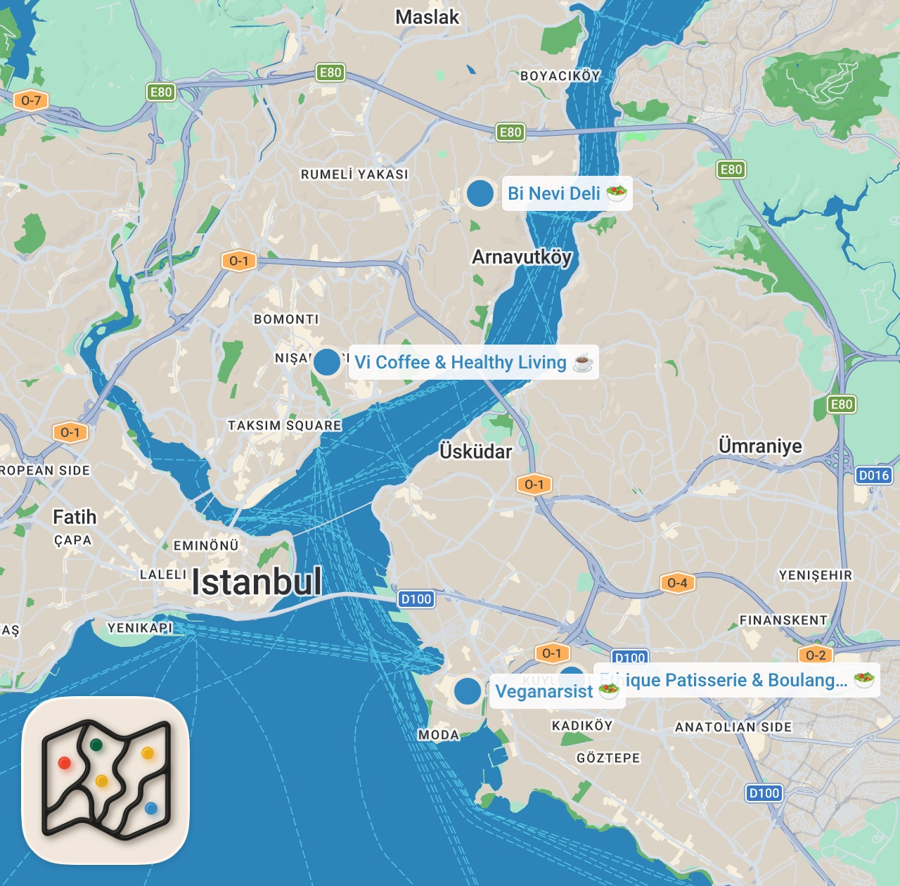 Map preview for VEGAN LEZZETLER REHBERİ (Kruvasan, lahmacun, içli köfte, ıslak hamburger) - Ayaküstü Lezzetler