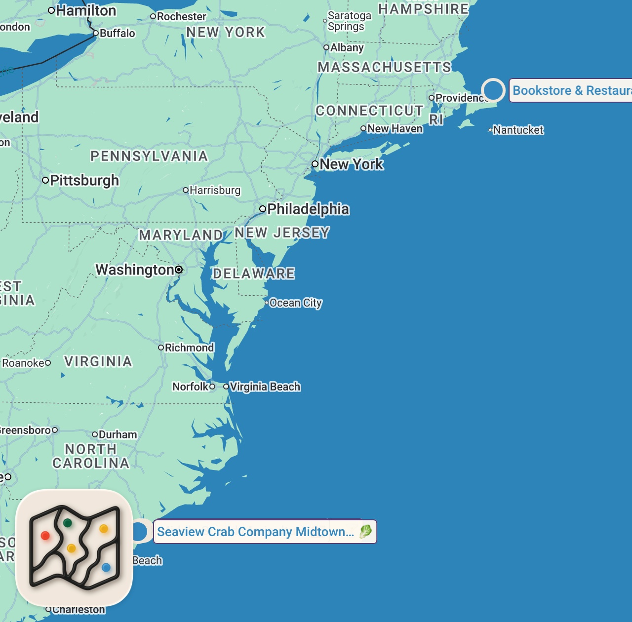 Map of 4 spots from Soft Shell Burger & Oysters + BEST SHRIMP & GRITS!! Seafood Paradise in North Carolina!!