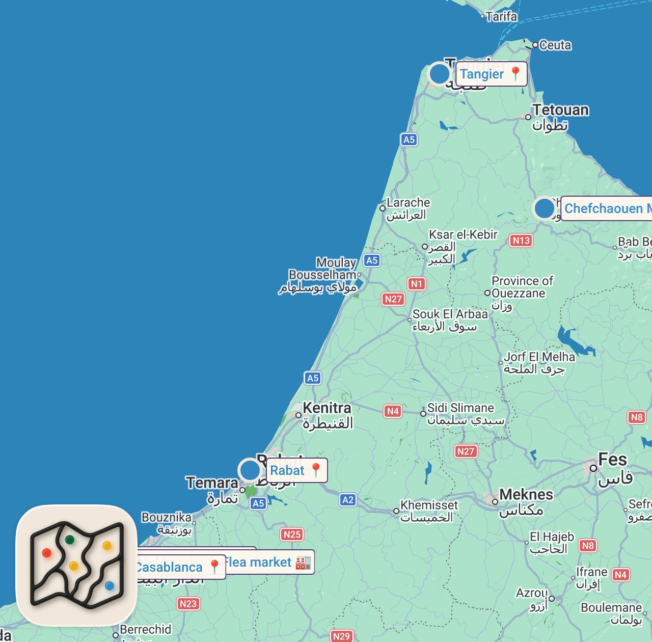 Map of 6 spots from السفر الى المغرب طريقة السفر و المعيشه في المغرب