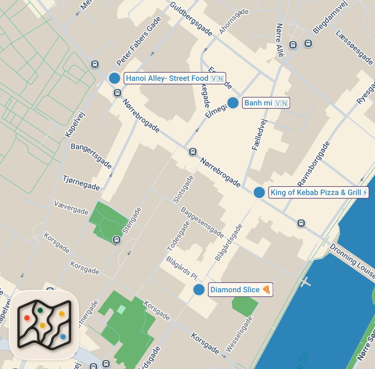 Map of 5 spots from Viser BigCheff Mine Favoritter På Nørrebro
