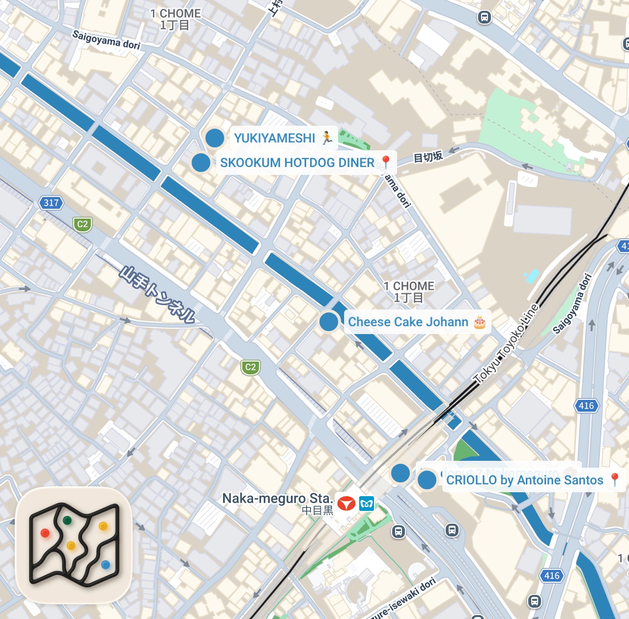Map preview for 【中目黒】グルメ攻略ガイド（No.1ホットドッグや行列ドーナツなど食べ歩き）