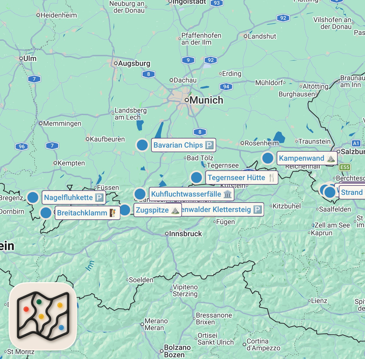 Map of 12 spots from The 7 Most Beautiful Hikes in the Bavarian Alps