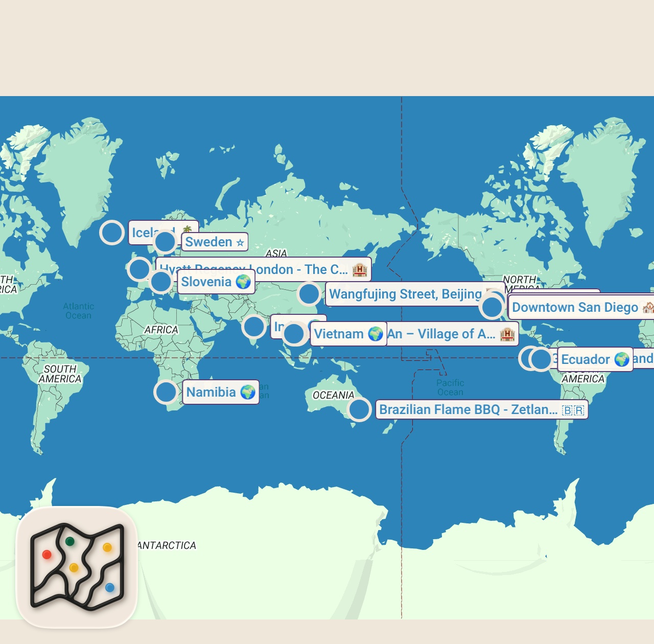 Map of 15 spots from 10 Travel Questions w/ Hey Nadine!