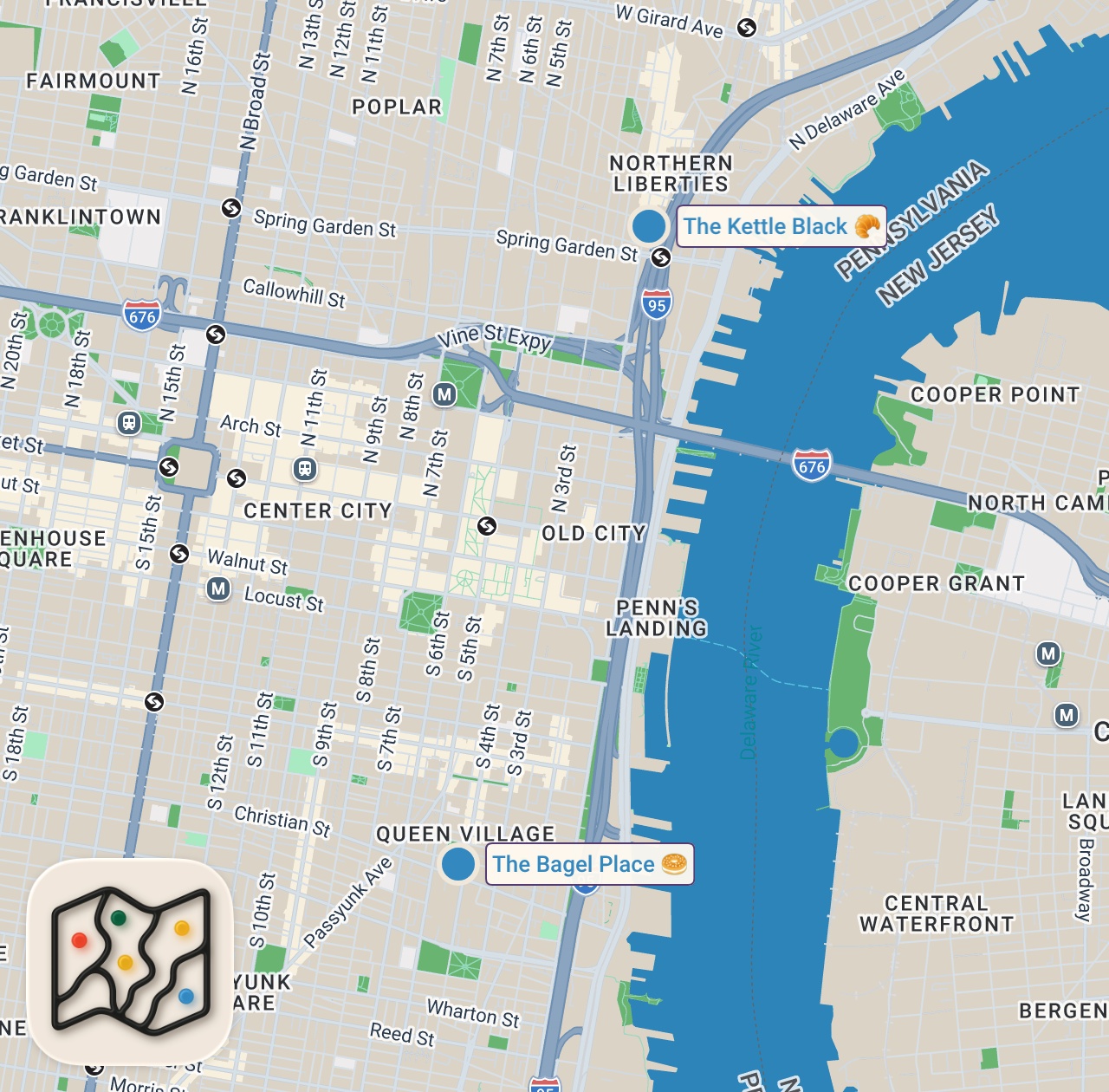 Map of 2 spots from Philly Has Good Bagels?!