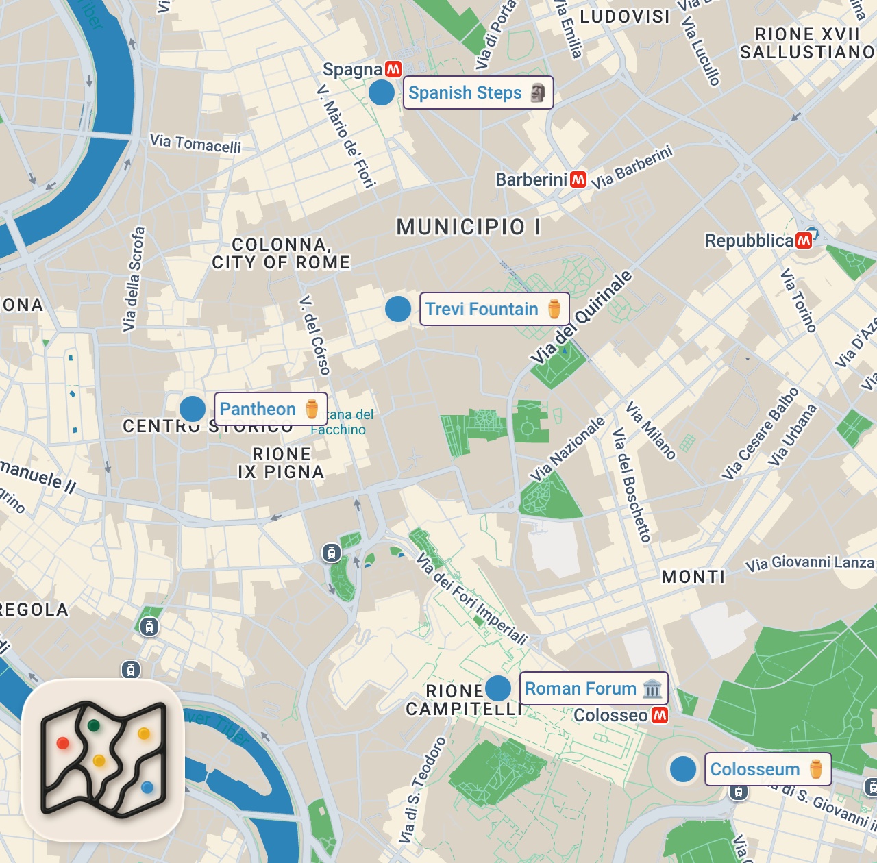 Map of 5 spots from Rome's Ultimate First Timer's Guide!! Food, Scams & Ancient Secrets!!