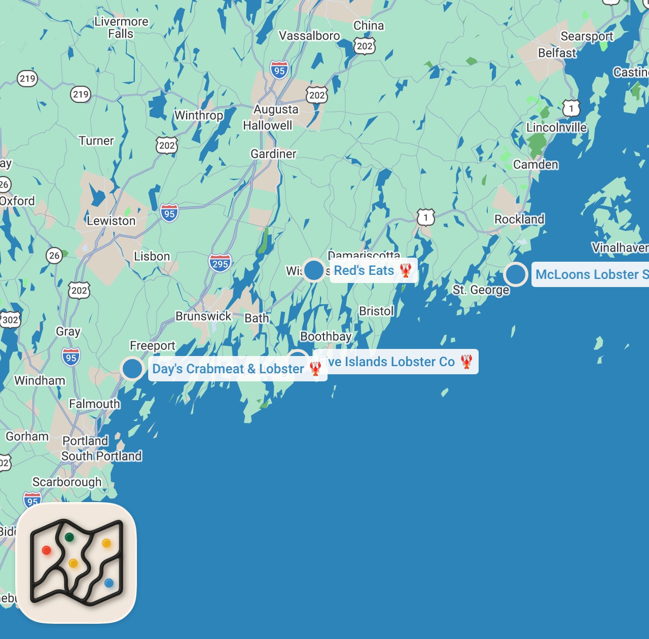 Map preview for The Ultimate LOBSTER ROLL Tour!! 🦞🥖 Best Lobster Shacks in Maine, USA!!