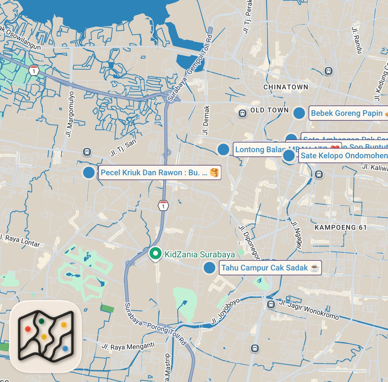 Map of 7 spots from Back in Indonesia!! 🇮🇩 INDONESIAN STREET FOOD + World’s Best Fried Duck in Surabaya!!