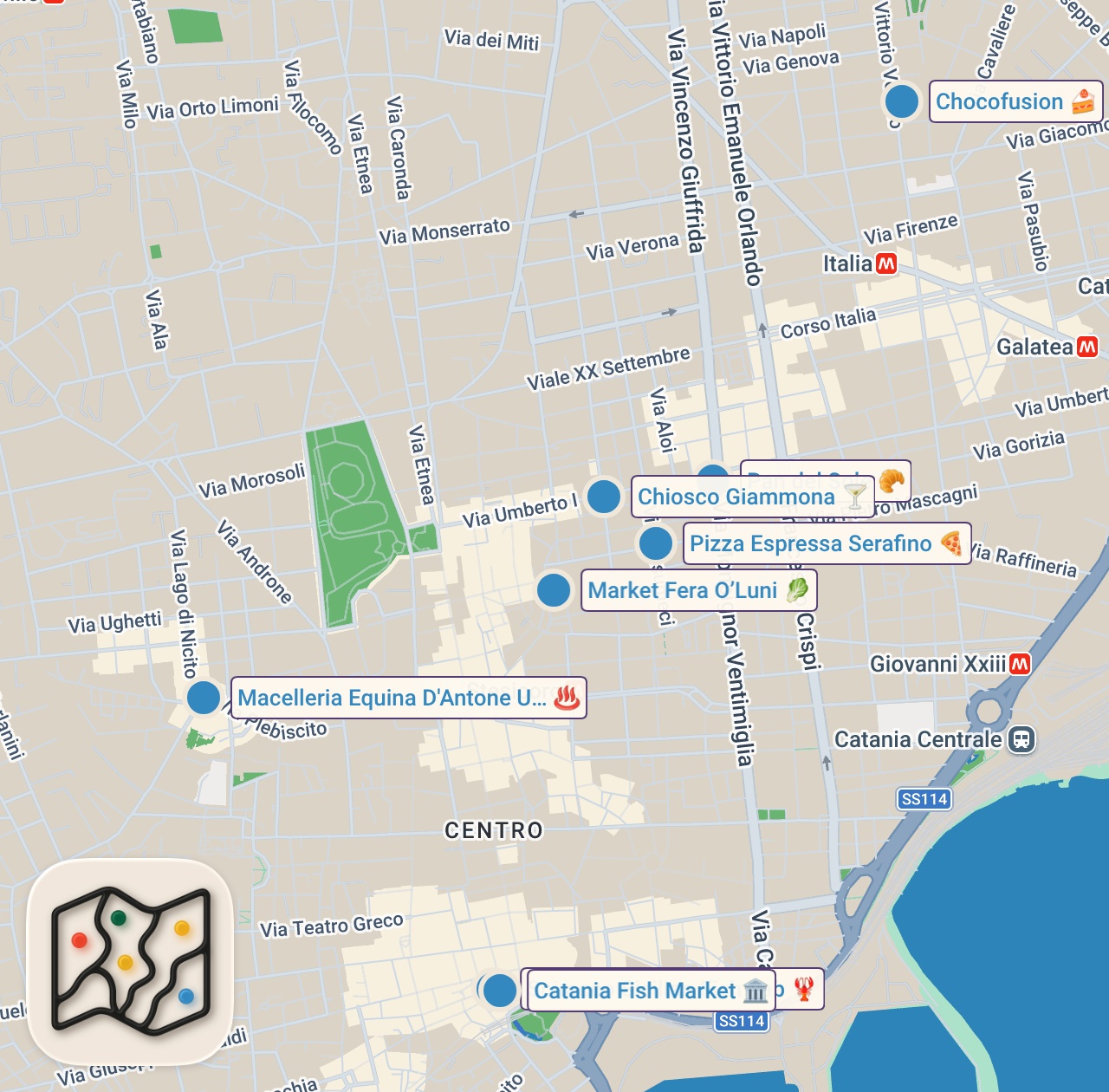 Map preview for CRAZY ITALIAN STREET FOOD In Sicily, Italy - CATANIA Food Markets, Restaurants & Bakeries