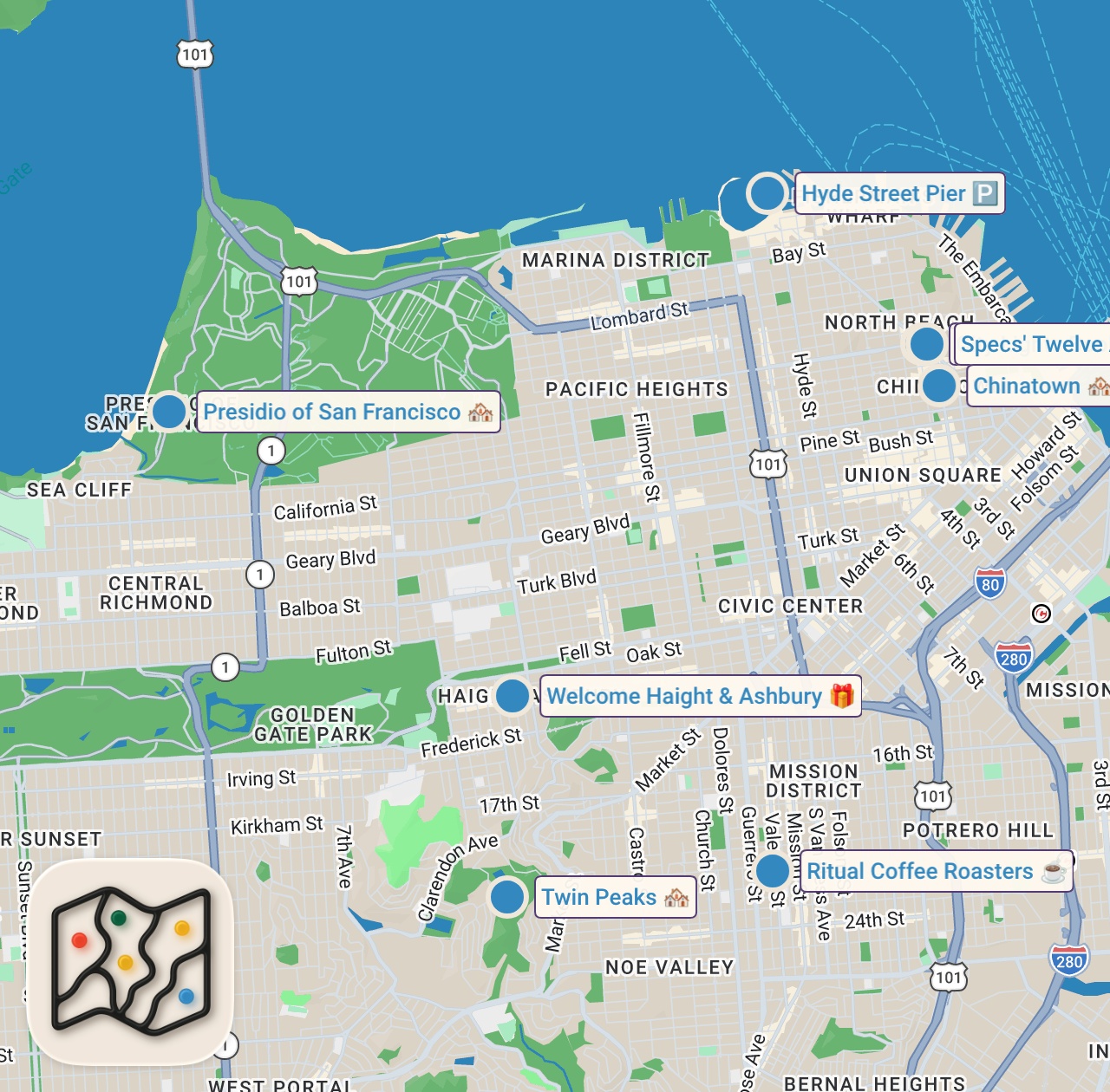 Map of 8 spots from How To Have The Perfect Day in San Francisco | Travel Guide