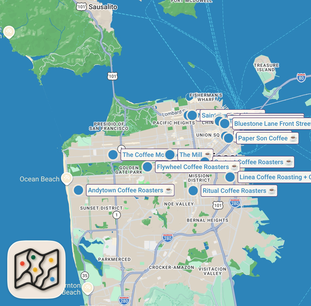 Map of 16 spots from I tried EVERY Coffee Shops in San Francisco