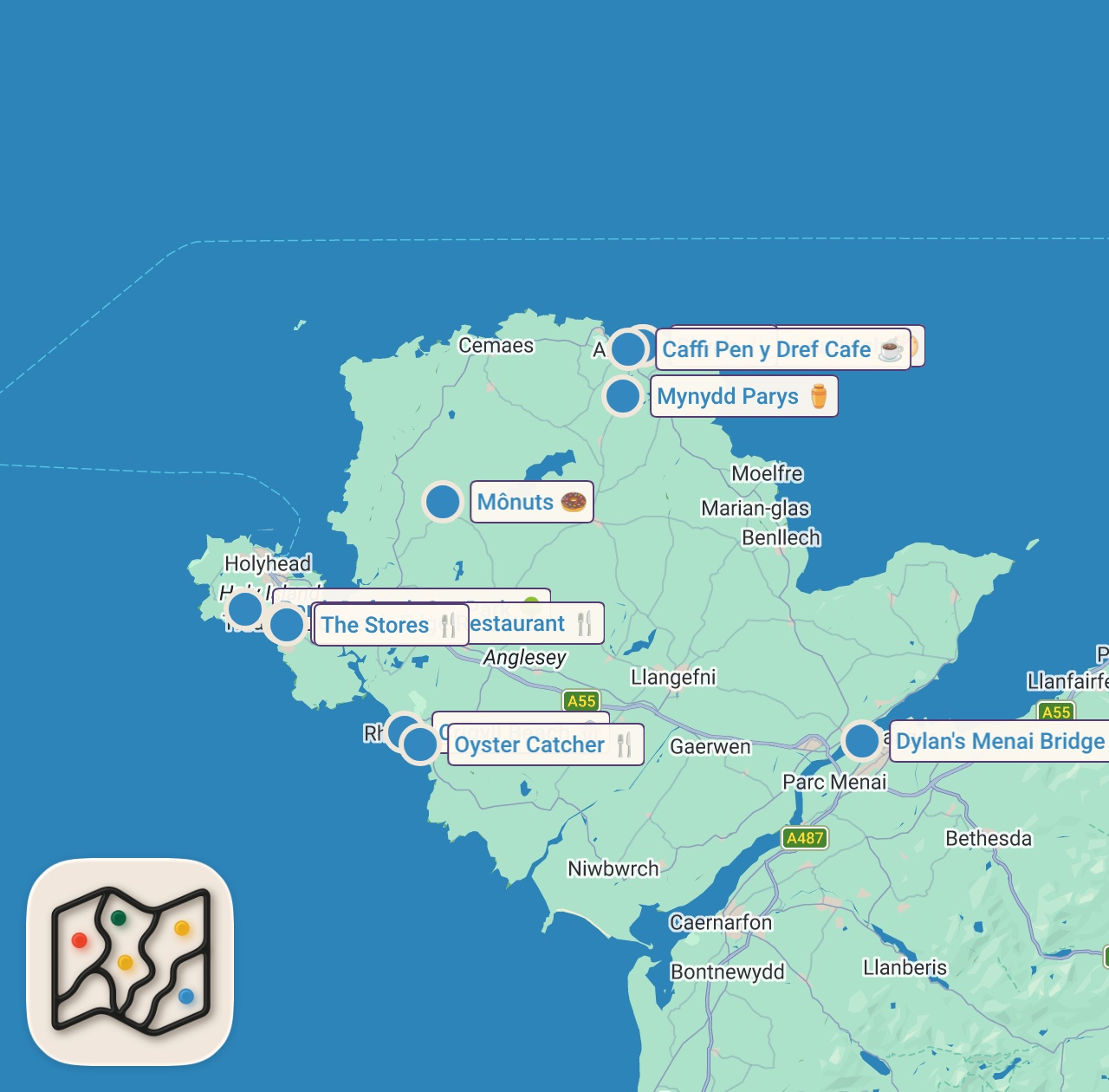 Map of 12 spots from The food in Anglesey is SENSATIONAL! 😮‍💨