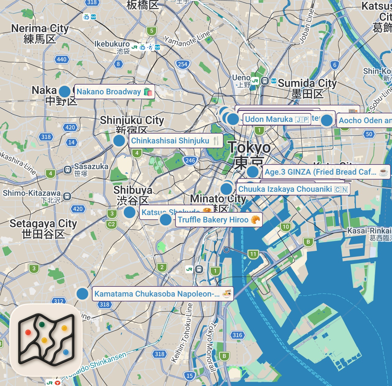 Map of 18 spots from 18 BEST Local Japanese CHEAP EATS in Tokyo Japan