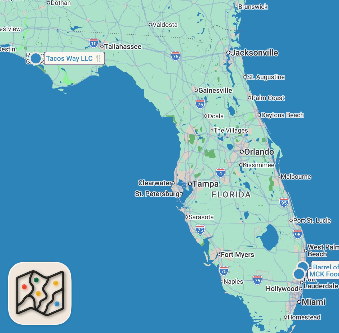 Map preview for Eating at Food Trucks For 24 Hours (Florida)