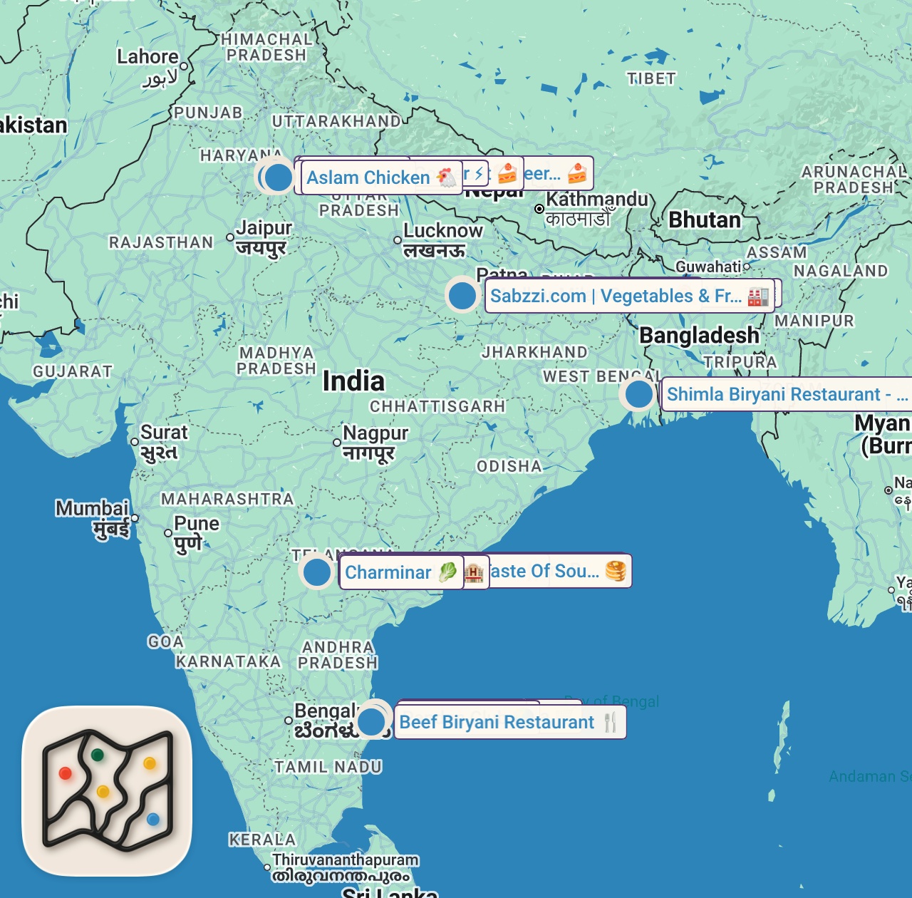 Map preview for 40+ Indian Street Foods Around India - OLD DELHI Kebabs + HYDERABADI Biryani + VARANASI Veg Tour
