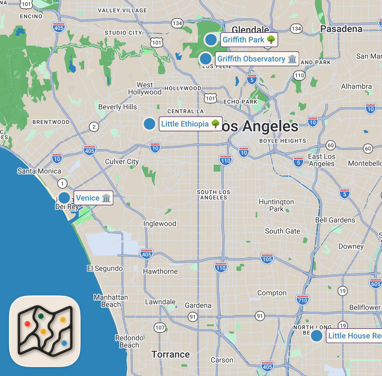 Map of 5 spots from A Day in L.A.(Marko's Birthday Vlog)