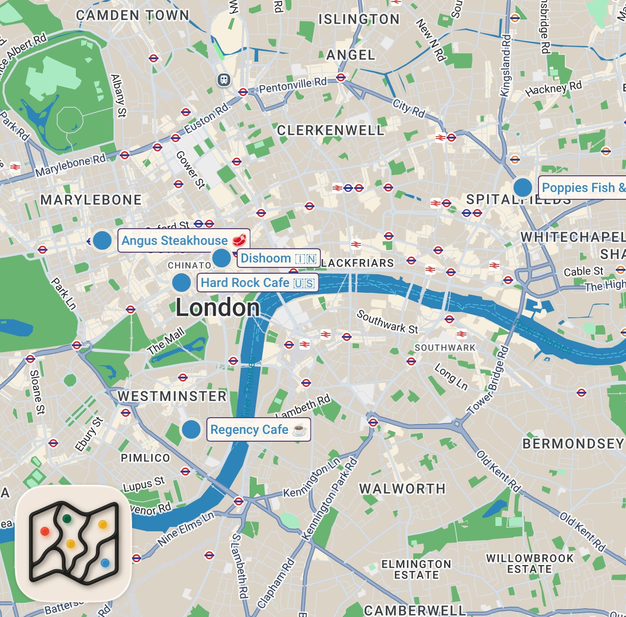 Map of 5 spots from I Ate at London's Biggest Tourist Traps