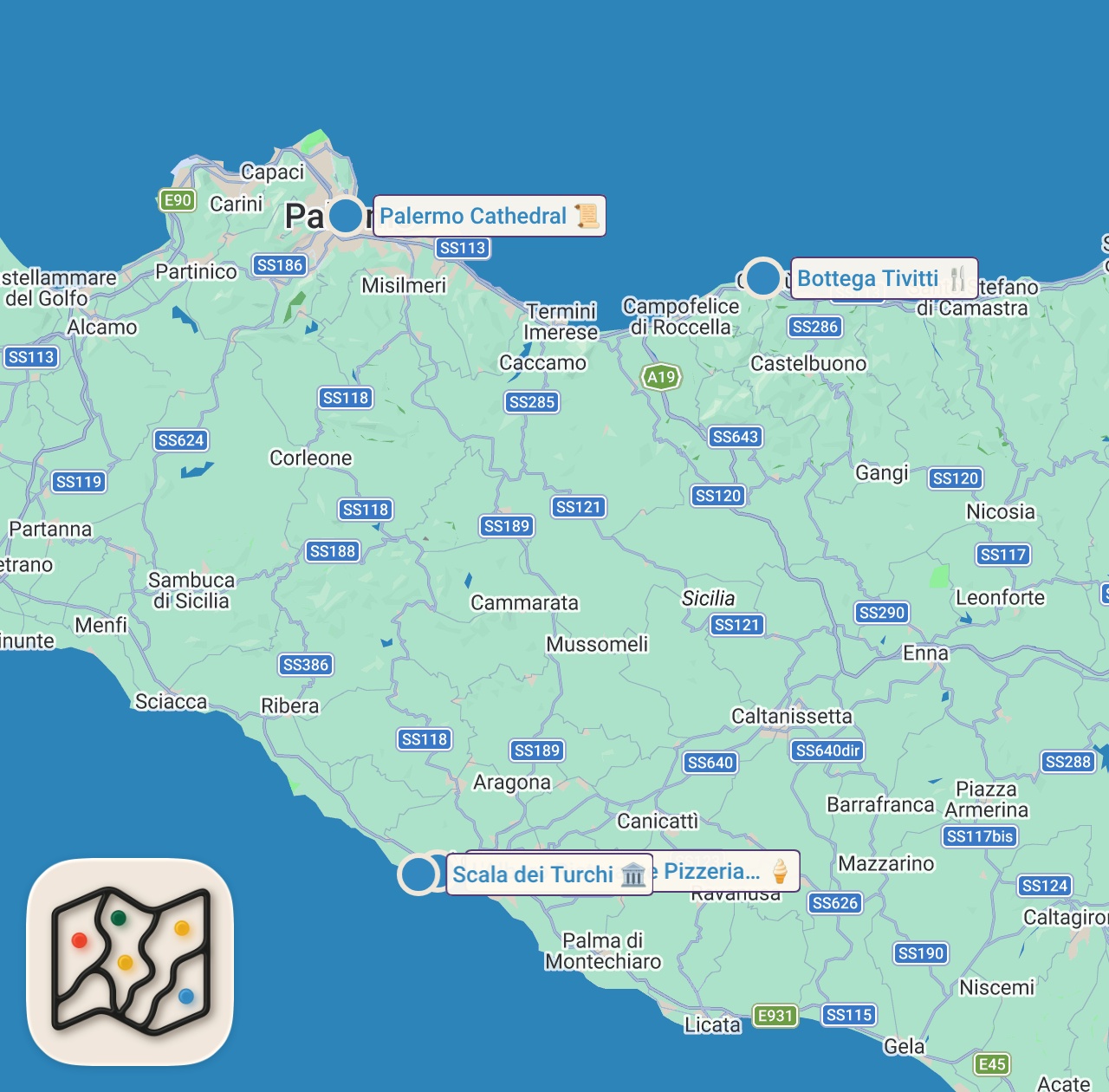 Map of 4 spots from 👉 Uçağı Palermo’ya İNDİRDİM! Sicilya’da Yediğim En Efsane Lezzetler! 🍕