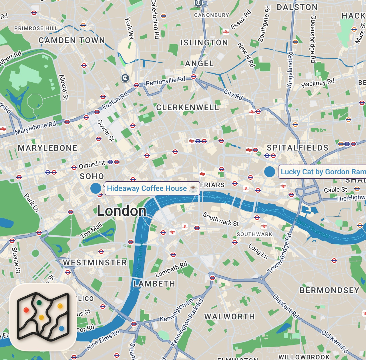 Map of 2 spots from Top 5 date spots in London 🌹