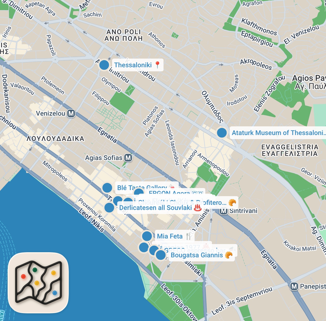 Map preview for Selanik Lezzet Rehberi | Souvlaki, Trigona Panoramatos, Köfte, Deniz Tarağı - Ayaküstü Lezzetler