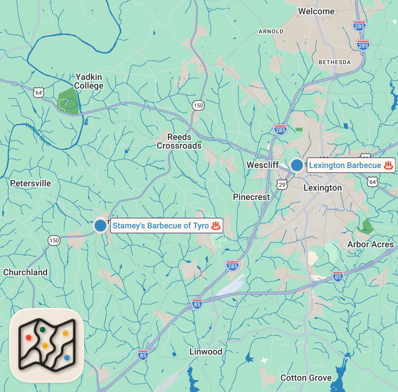 Map of 2 spots from Huge BBQ Meat Smokers!! EXTREME BARBECUE Tour in Lexington, North Carolina!