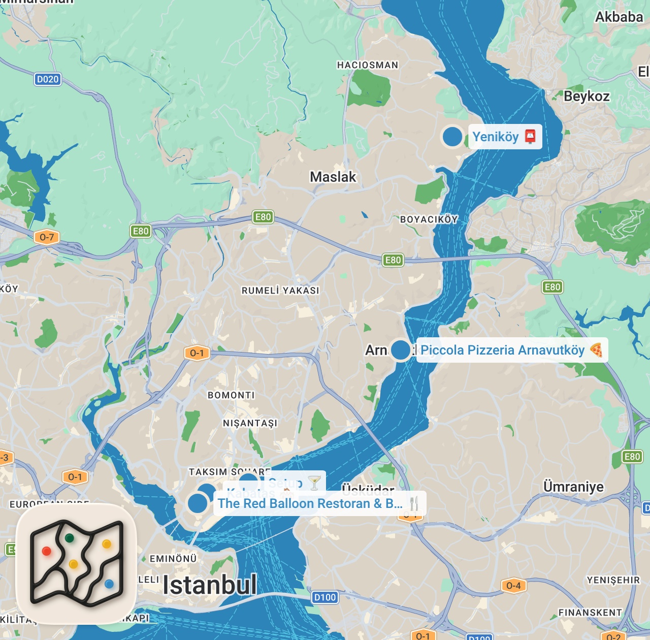 Map preview for İSTANBUL'UN SAHİL HATTI LEZZETLERİ (Su böreği, pizza, kokoreç, asma dolma) - Ayaküstü Lezzetler