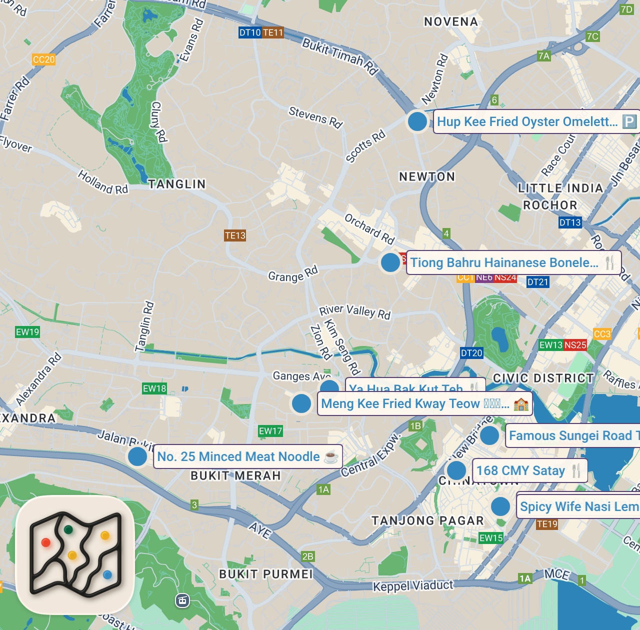 Map of 10 spots from Top 10 Singapore Street Foods (Which Dish Wins?)