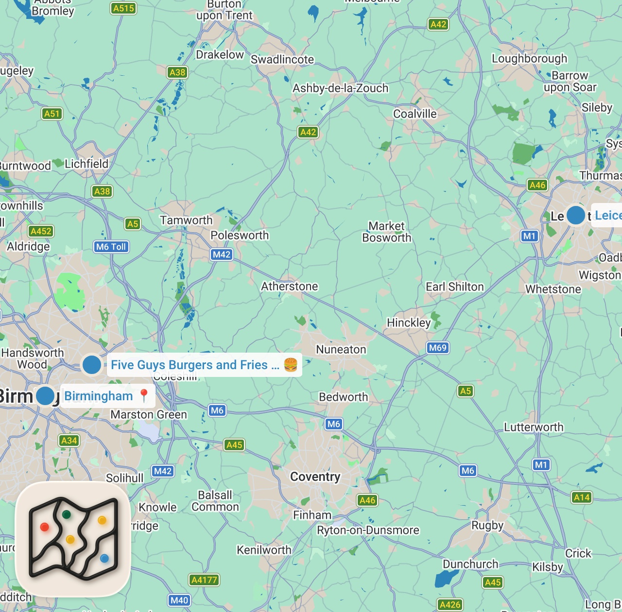 Map preview for Birmingham & Leicester food vlogs (first to try Halal five guys in the uk )